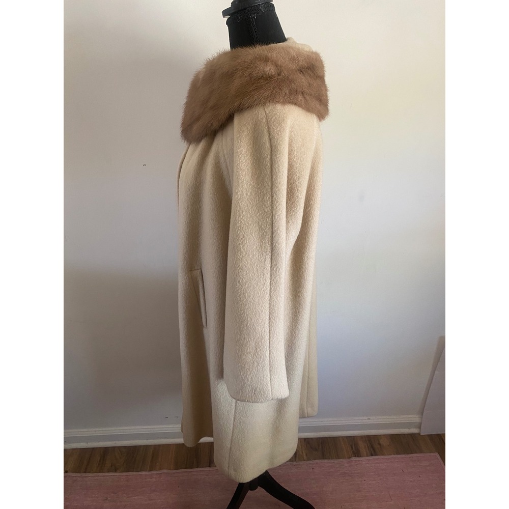 Vintage Cream Wool Coat Real Mink Fur Collar Mid-Century Modern Button Front L - Picture 4 of 16